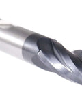 Close-up of M42 cobalt TiAlN finishing end mill with four flutes