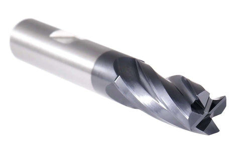 Close-up of M42 cobalt TiAlN finishing end mill with four flutes