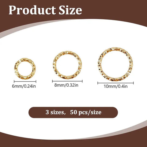 150 Pcs 14K Gold Filled Twisted Open Jump Rings 6mm 8mm 10mm Sizes Gold Brass O Ring Locking Round Connectors For Jewelry Making Necklaces Earrings Bracelets DIY Crafts, showing product sizes.