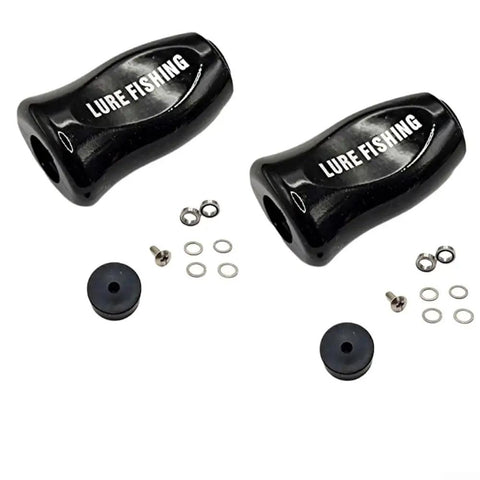 Upgrade Your Baitcasting Reel With These Sleek ABS Fishing Knob Handles For Ultra Lightweight Casting And Smooth Retrieval On Carbon Fiber Rocker Handles In Silver Finish. Black ABS reel knob handles with 15mm grip, washers, and screws on white background.