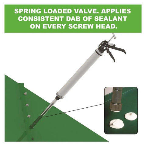 Spot Pro System Bulk Dispenser With Extension Nozzle in use on metal roofing, showing sealant application on fasteners.