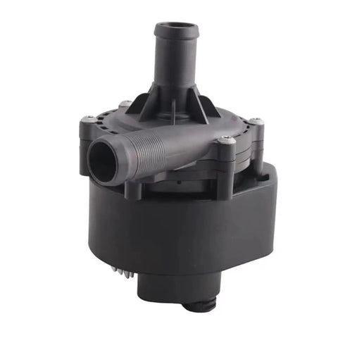 Electric Auxiliary Water Pump For Tesla Model S And X 12 To 16 Straight Up Solid Fitment, black plastic assembly with pipe connections.
