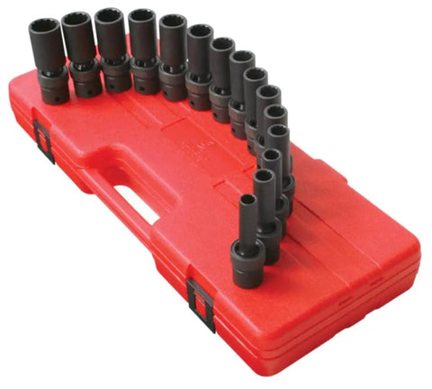 Half Inch Drive Deep 12 Point Metric Socket Set, 15 Piece, Chrome Molybdenum Alloy Steel in red blow molded case