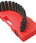 Half Inch Drive Deep 12 Point Metric Socket Set, 15 Piece, Chrome Molybdenum Alloy Steel, displayed on red blow molded case