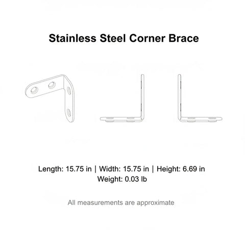 Diagram of Heavy Duty Stainless Steel 90 Degree Corner Brace L Bracket with measurements shown.