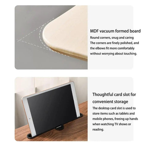 Close-up of Smooth Operator Pneumatic Rolling Standing Desk With Pro Grade Swivel Casters For Home Office Laptop Workstation Quick Height Flex Deep Wood Grain Finish, featuring rounded MDF corners and card slot.