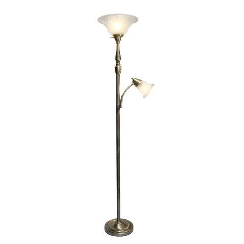 Two Light Mother Daughter Floor Lamp With White Marble Glass Shades In Brushed Nickel Finish, Tall 71 Inch Living Room Lamp