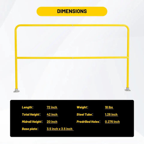 Heavy Duty Industrial Safety Railing 72 Long By 42 High Rock Solid Steel Pipe Guardrail dimensions, highlighting length and height.