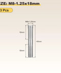 Front view of METALLIXITY double-ended M8x40mm stainless steel threaded studs, 3 pcs, silver tone
