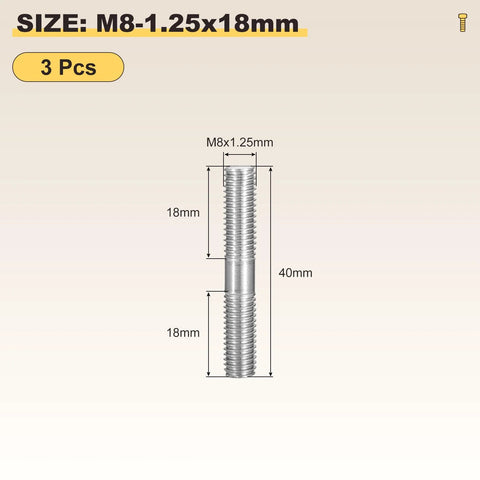 Front view of METALLIXITY double-ended M8x40mm stainless steel threaded studs, 3 pcs, silver tone