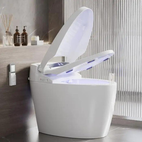 Premium Smart Toilet With Built In Bidet, Tankless Heated Seat, Aggressive Flush System, And Warm Water Spray For A Top Shelf Bathroom Setup That Definitely Slaps On Your Daily Refresh, with lid open and control panel.