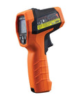 Infrared Thermometer Gun With Dual Laser Targeting For Easy Readouts And 20 To 1 Distance To Spot From Minus Forty To Twelve Hundred Fahrenheit And K Type Probe Built For Worksite Pro And Home Use showing side view with display