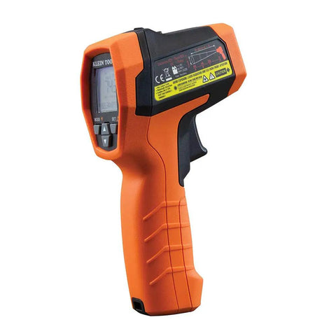 Infrared Thermometer Gun With Dual Laser Targeting For Easy Readouts And 20 To 1 Distance To Spot From Minus Forty To Twelve Hundred Fahrenheit And K Type Probe Built For Worksite Pro And Home Use showing side view with display
