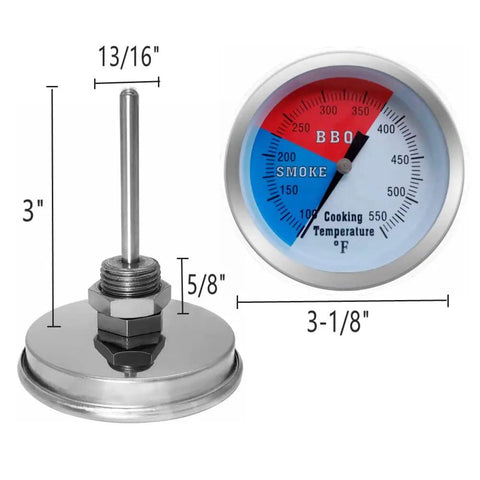 Two Pack BBQ Grill Temperature Gauges With 3 Inch Dial Faces For Charcoal Grills And Smokers Read 100 To 550 Degrees Fahrenheit Fast And Accurate So You Can Grill Like A Pro Thermometer Included with 3-1/8 inch face and 3 inch stem