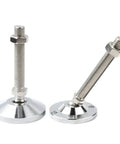 Heavy Duty Adjustable Leveling Feet With Swivel Base Articulating Legs And Furniture Glide Pads Rock Solid Construction Built To Take Any Hit On Uneven Floors No Sweat Setup M12 To M24 Thread Size 2 Pack close-up showing two chrome leveling feet with threaded shafts.