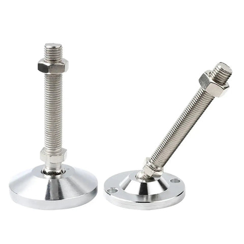 Heavy Duty Adjustable Leveling Feet With Swivel Base Articulating Legs And Furniture Glide Pads Rock Solid Construction Built To Take Any Hit On Uneven Floors No Sweat Setup M12 To M24 Thread Size 2 Pack close-up showing two chrome leveling feet with threaded shafts.