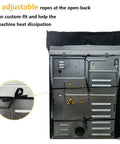 Front view of black 2-pack washer and dryer covers over a top-load washing machine; straps visible for securing.