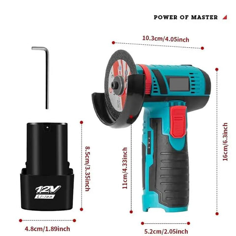 Compact 12V Cordless Angle Grinder, Wireless Power Tool For Diamond And Tile Cutting, smooth handheld tool with battery and blade.