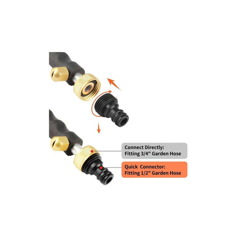 Pro Grade Heavy Duty High Pressure Garden Hose Nozzle Sprayer Gun Attachment With Brass Coupler showing 3/4 and 1/2 inch fittings