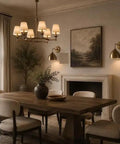Mid Century Modern Brass Wall Sconces Set of 2 beside a dining table with a wooden tabletop and elegant decor.