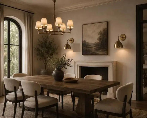 Mid Century Modern Brass Wall Sconces Set of 2 beside a dining table with a wooden tabletop and elegant decor.