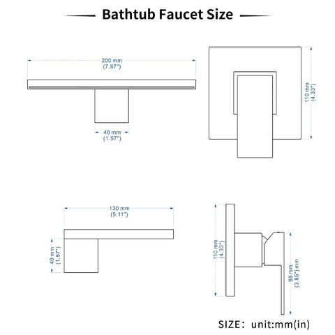 Matte Black Wall Mount Bathtub Faucet With Wide Waterfall Spout Single Handle Roman Tub Filler sizing diagram