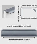 Dimension details of Five Pack Silver Grey Hidden Finger Edge Cabinet Pulls With Curved Back Mount Drawer Handles, 120mm length