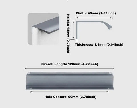 Dimension details of Five Pack Silver Grey Hidden Finger Edge Cabinet Pulls With Curved Back Mount Drawer Handles, 120mm length