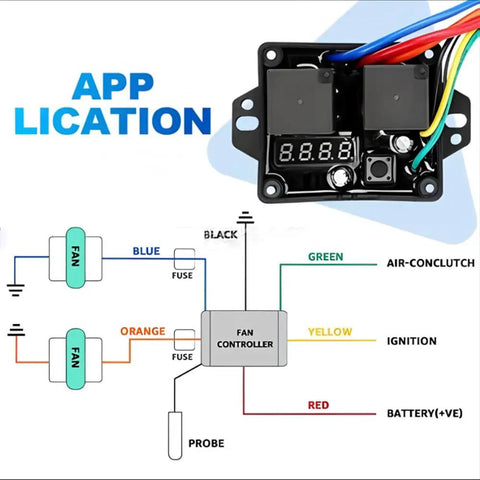 Wiring diagram for Digital Thermostatic Fan Controller Kit for 12V and 24V Cars with Disconnectable Probe, LED Readout