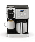 Two In One Coffee Maker With Ten Cup Thermal Carafe And Single Serve Brewer With Over Ice Function Fully Automatic Pod And K Cup Compatible For Four To Twelve Oz Brews Black And Stainless Finish, front view of coffee maker with mug and carafe