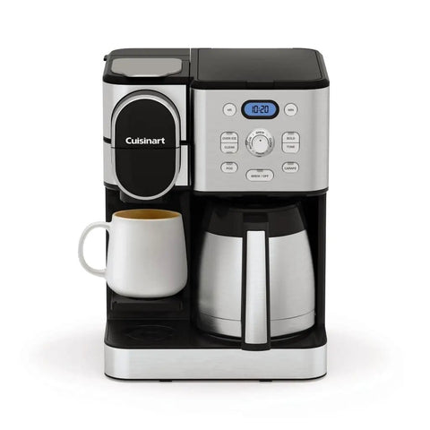 Two In One Coffee Maker With Ten Cup Thermal Carafe And Single Serve Brewer With Over Ice Function Fully Automatic Pod And K Cup Compatible For Four To Twelve Oz Brews Black And Stainless Finish, front view of coffee maker with mug and carafe