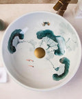 USZWBY Vessel Sinks Art Countertop Basin Round Retro Washbasin Bathroom Ceramic Washbasin with floral design and brass drain.