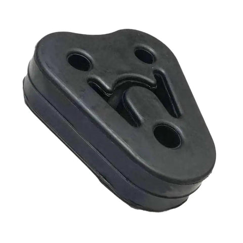 Universal Heavy Duty Exhaust Hanger Rubber Mount Plastic Insulator Bracket Support Kit That Totally Dampens Vibration And Reduces Noise For Any Car Or Truck Under The Hood Heat Resistant And Weatherproof. Black rubber exhaust hanger bracket with three mounting holes.