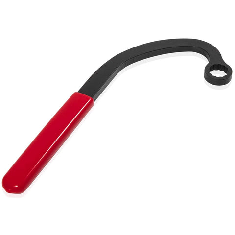 13mm injection pump idle lock nut wrench with red handle and curved black steel shaft, engine barring tool