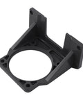 Black plastic motor mounting bracket, angled front view with circular bore for shaft and side flanges.