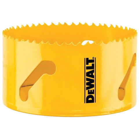 DEWALT hole saw, 4 in (102 mm) diameter, yellow coating, side view with toothed rim