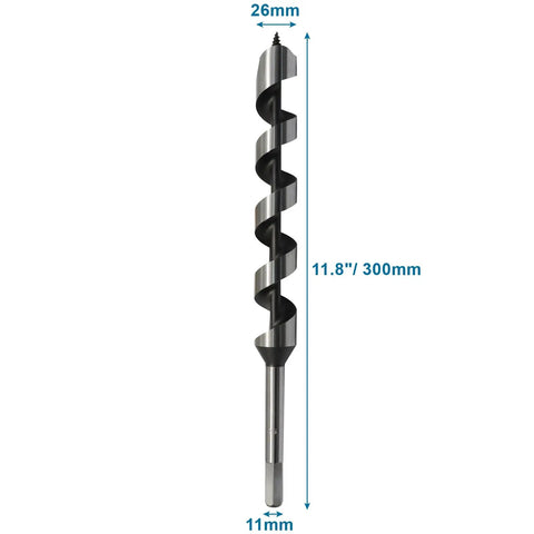 Built Tough One Inch Wood Auger Drill Bit With Hex Shank And Hardened Carbon Steel Shaft for deep boring, 300mm long, 26mm width.