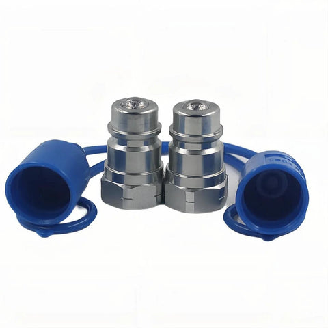 Two 1/2-in silver metal hydraulic quick-connect male couplers with blue caps
