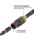 Flip Socket Conduit Reamer Driver 3-In-1 Impact Tool with magnetic bit holder and quick-connect handle, showing flip socket with labels.