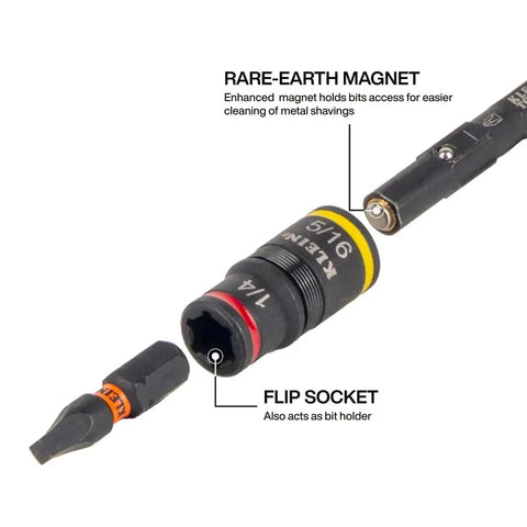 Flip Socket Conduit Reamer Driver 3-In-1 Impact Tool with magnetic bit holder and quick-connect handle, showing flip socket with labels.