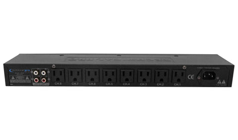 1U Rack Mount Decibel Meter Display With Eight Grounded Outlets Power Supply, RCA In Out, Dual Channel Sensitivity Adjust, Bright Rack Light Show, Ideal For Studio And Live Sound Gear front view with 8 outlets