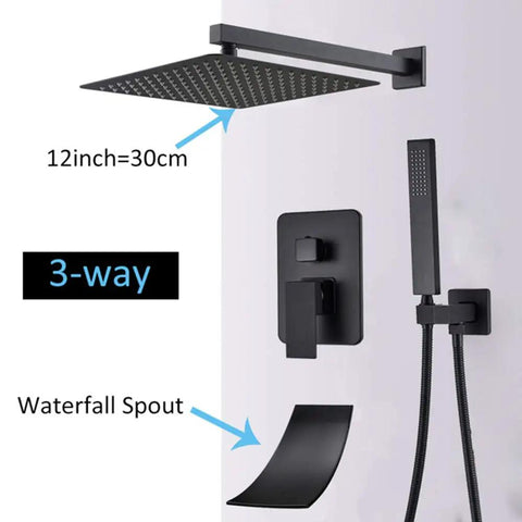 UMJIGF Shower System Wall Mounted Concealed Shower Faucet Set Multifunction Matte Black with 12 inch shower head and waterfall spout.
