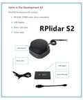 RP Lidar S2 with USB adapter, micro-USB, and power cables, part of the 360 Degree 30m Lidar Sensor For Obstacle Avoidance And AGV Navigation kit.