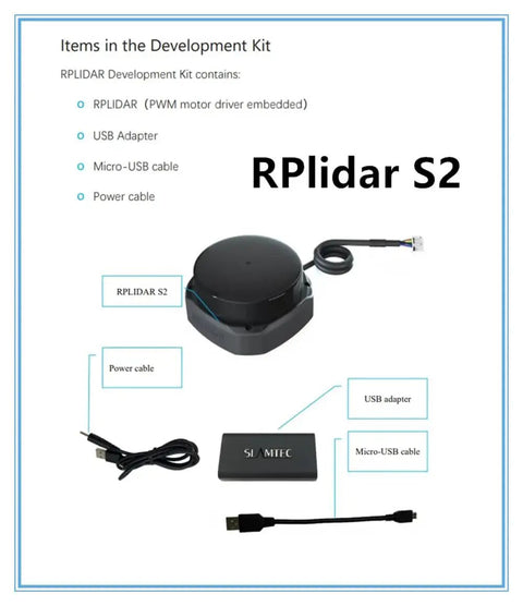 RP Lidar S2 with USB adapter, micro-USB, and power cables, part of the 360 Degree 30m Lidar Sensor For Obstacle Avoidance And AGV Navigation kit.