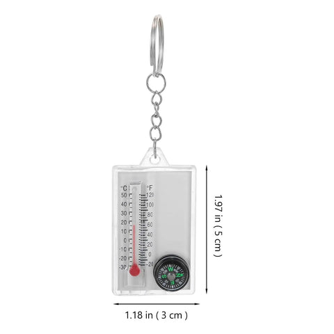 Two Pack Portable Keychain Compass With Thermometer, clear plastic with dimensions, for hiking camping and outdoor navigation gear