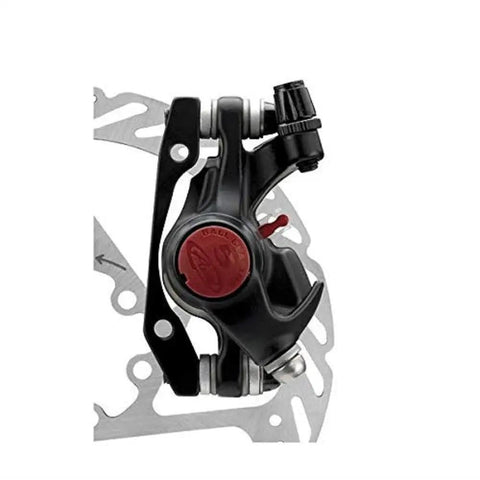 BB5 MTB Cable Disc Brake System with mechanical calipers, black CPS rotor, and bracket sold separately shown in detail for precise rotor alignment.