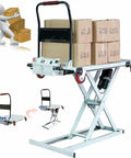 Heavy Duty Electric Hydraulic Scissor Lift Table With 660 Pound Capacity And 48V Battery crafted from solid carbon steel with boxes on top.