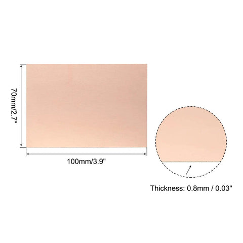 Double Sided FR4 Copper Clad PCB Boards 100 X 70 mm 0.8 mm Thick 10 Pack, detailed dimensions and thickness view