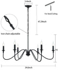 Diagram of Six Light Rustic Industrial Iron Chandelier With Matte Black Finish detailing dimensions and adjustable chain.