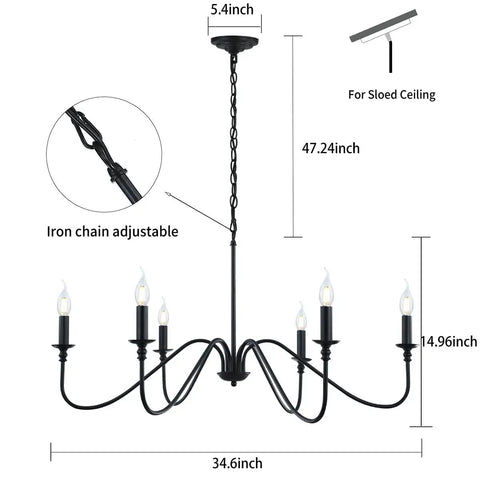 Diagram of Six Light Rustic Industrial Iron Chandelier With Matte Black Finish detailing dimensions and adjustable chain.